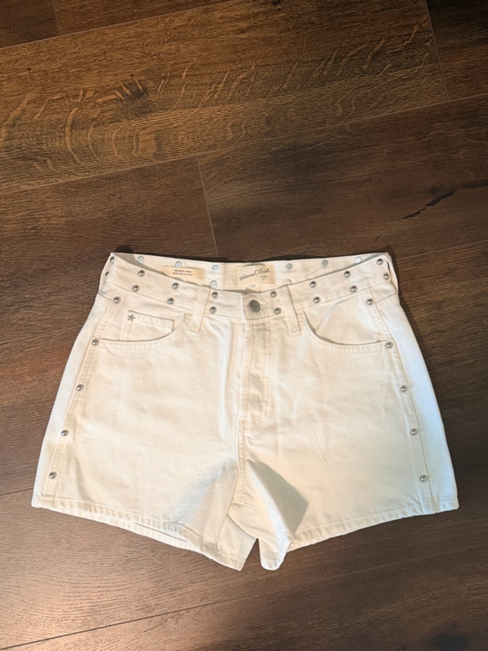 White Studded High-Rise Denim Shorts